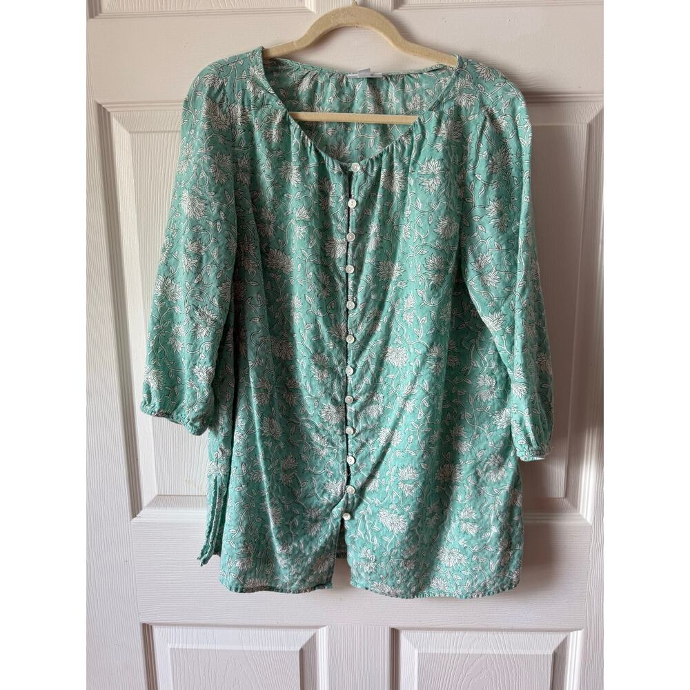 J. Jill Pure Jill Seafoam Floral Cotton Tunic Top Button Up Size M Coastal